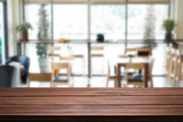 Empty wooden table space platform and blurred restaurant or coffee shop background for product display montage.