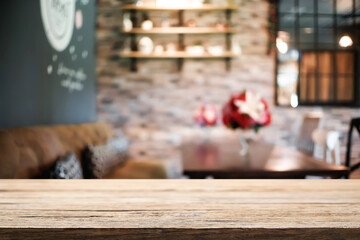 Empty wooden table space platform and blurred restaurant or coffee shop background for product display montage.