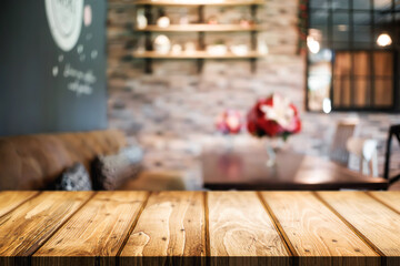 Empty wooden table space platform and blurred restaurant or coffee shop background for product display montage.