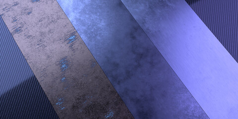 Abstract background of multicolored metal and carbon sheets in blue lighting. 3D-visualization