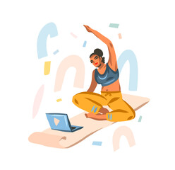 Hand drawn vector abstract stock graphic illustration with young happy female, doing fitness on mat and watching online training video on laptop computer isolated on white background