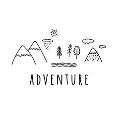 Adventure. Hand drawn simple vector illustration. Doodle Mountains, river, forest, clouds, sun.