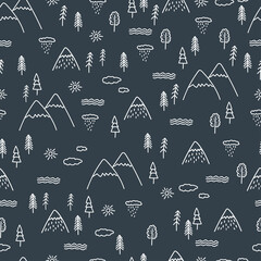 Mountains seamless pattern. Vector hand drawn doodle nature elements. River, pine, rain, cloud, sun. Nature concept. Wrapping paper design template. Black graphic on white background. - 357169310