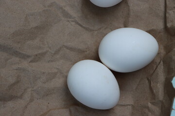 White eggs on brown background, healthy food