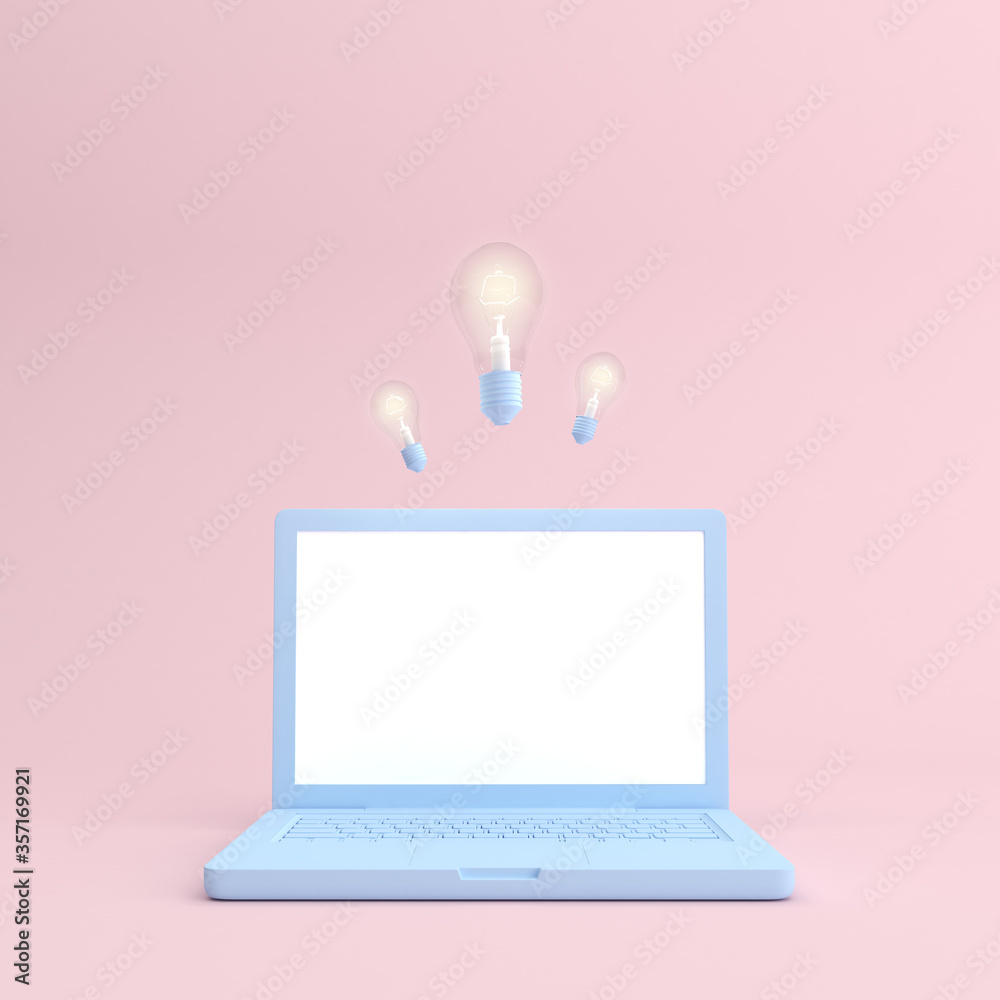 Poster Mockup of laptop with blank screen and light bulb in minimal style.
