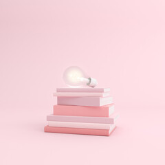Mockup of stacked pink book and light bulb in minimal style.