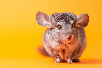 cute gray chinchilla sitting on orange colored studio background, lovely pets concept, purebred fluffy rodent, animal behavior
