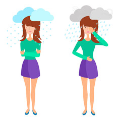 Mental health issues of human and  brain climate. Mood swings therapy. Vector illustration of sad and depressed woman isolated on white background.