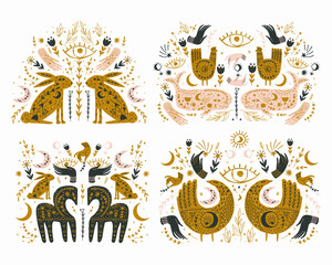 Modern bohemian style, folk tribal art in the Scandinavian style. Folk mythology, Swedish folklore. animals and plants. © chikovnaya