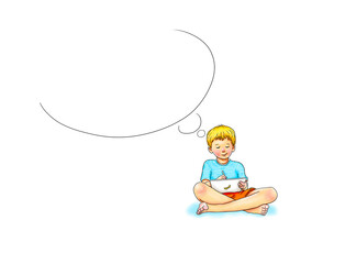 digitales Lernen, Schule zu Hause, Schüler Junge sitzt gemütlich barfuß im Schneidersitz mit Tablet und Stift, im Haus bleiben Pandemie Coronavirus Corvid-19 Virus 2020 Sommer lernen Denkblase Vorlage