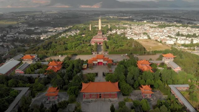 Dali City, China. Drone Aerial View of Chongsheng Temple and Three Pagodas. Ancient Buddhist Religious Landmarks from 9th and 10th Century
