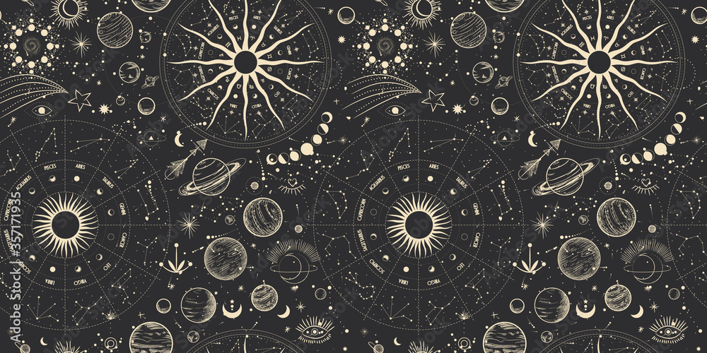 Wall mural vector illustration set of moon phases. different stages of moonlight activity in vintage engraving 