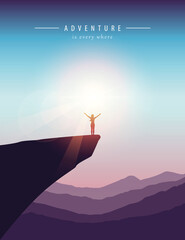 Fototapeta premium girl on a cliff mountain landscape at beautiful sunset vector illustration EPS10