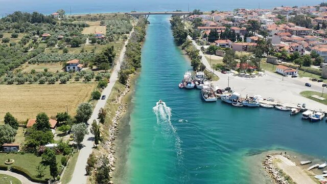 Drone footage of Nea Potidea canal, which connects Toroneos Bay with the Gulf of Thermaikos. Greece, Kassandra, Halkidiki