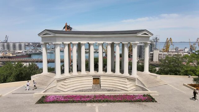 Flying over the Colonnade (Belvedere) and opening panorama on Port of Odessa, Aerial view on Odessa Sea Port (Movement forward) Odessa city, Ukraine, Eastern Europe