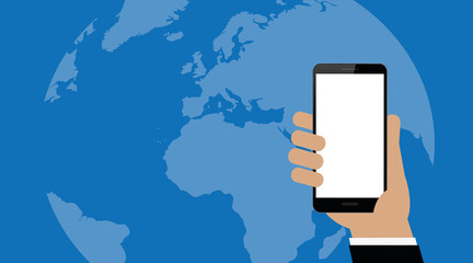 hand hold smartphone on blue earth background vector illustration EPS10