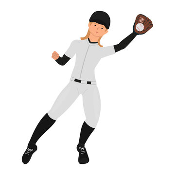 Female baseball player in gloves catches a ball vector illustration