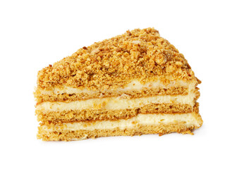 Piece of honey cake isolated on white