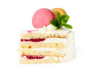 Piece of cake with mint and macaroon isolated on white