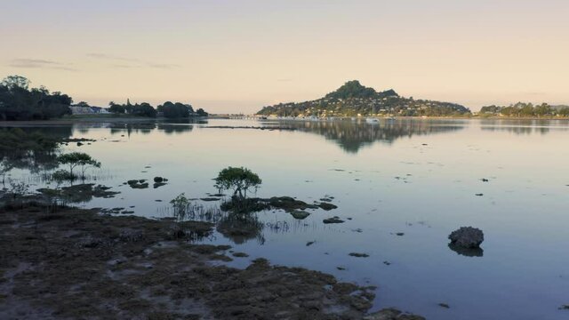 Aerial: Tairua river harbour. In the background is Mt Paku. Coromandel Peninsula, New Zealand