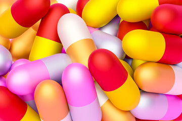 a lot of colorful capsule pills background. rendered in 3d.