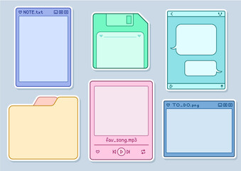 Printable Stickers Set with White Strokes. Form of Folder, Computer Window, Save Icon (Diskette), Music Player, Messenger Dialogue. Colored Frames. Printable Vector for Notes or Diary. Bullet Journal.