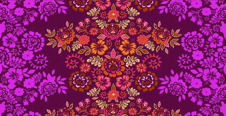 ethnic bandana print with ornamental border. Vintage textile collection.