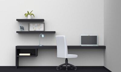 Home workplace interior with black furniture. 3d rendering