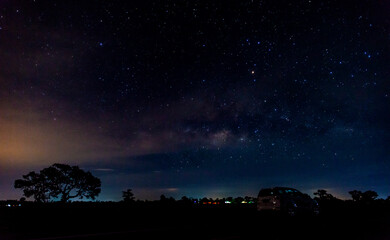 Fototapeta na wymiar Amazing Panorama blue night sky milky way and star on dark background.Universe filled with star, nebula and galaxy with noise and grain.Photo by long exposure and select white balance.selection focus.