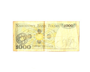 One thousand Polish zlotys. Expired banknotes. Old past due money. Isolated on a white background.