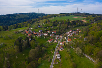 Aerial view of the Village Grein in Germany on a sunny spring day during the coronavirus lockdown.
