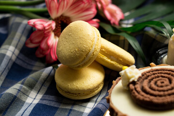 Close up of yellow citrus macarons
