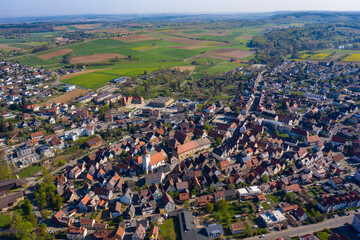 Aerial view of the village Knittlingen in Germany on a sunny spring day during the coronavirus lockdown.