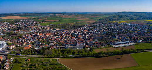 Aerial view of the village Knittlingen in Germany on a sunny spring day during the coronavirus lockdown. 