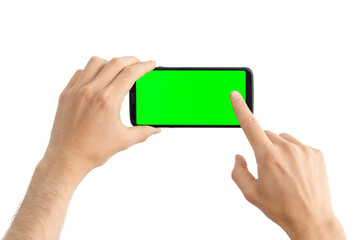 Presses a finger on the green screen of the phone, isolated on white background.