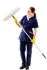 Woman cleaner with a mop on a white background, isolated. House cleaning concept or office cleaning...