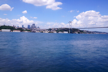Bosphorus bridge in Istanbul, blue sky and sea