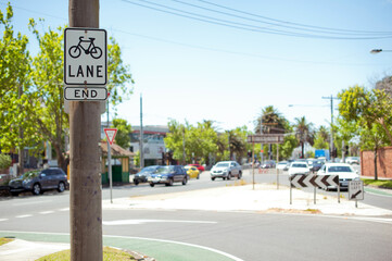 Road sign. Bicycle lane sign. Australia, Melbourne. City street.