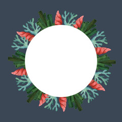 Round frame of seaweed and seashells on a blue background. Watercolor illustrations for greeting card, logo, invitation, menu design.