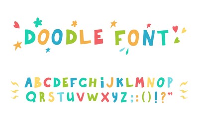 Hand drawn colorful doodle font. Sketch childish alphabet letters