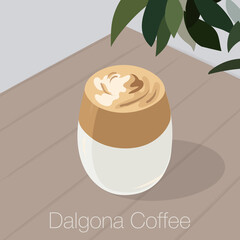 Dalgona Coffee Minimalism Vector Illustration. Glass of trending Korean whipped latte in muted pastel colors palette