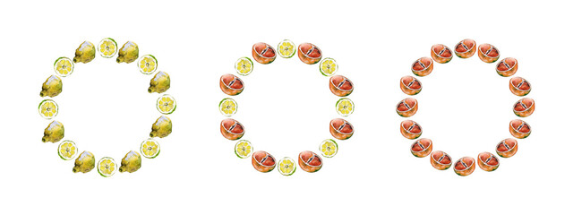 Set of three round citrus frames. Ruby grapefruit and lemon halves and slices, isolated on white. Watercolour illustration. For menu, recipes, cookbooks, invitations, cards and packaging design.