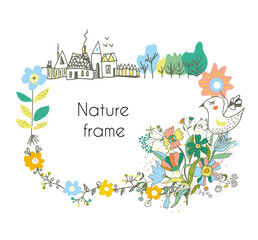 Nature countryside background with flowers, trees, houses, bird. Vector graphic illustration