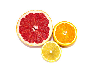 photo of lemon, grapefruit and orange closeup, isolate