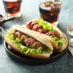 Homemade hot dogs with ketchup and mustard
