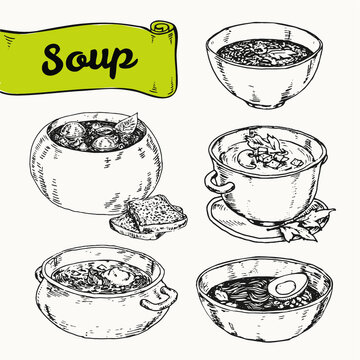 Illustration set of soups of various cuisines of the world. hand drawn vector sketches