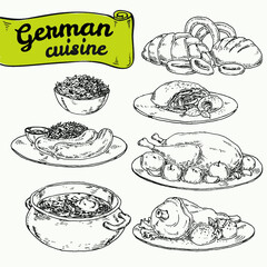 Set of illustrations of national German cuisine. graphic hand drawn sketches. vector