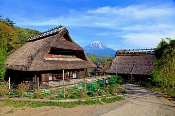 Traditional buildings in the samurai village of Saiko Iyashi no Sato Nemba in Japan with Mount Fuji in the background.