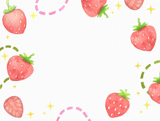 Hand drawn watercolor strawberry with dotted line frame