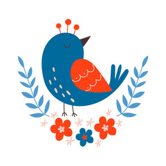 Bird and flowers isolated on a white background. Hand drawn flat vector illustration. Scandinavian style. Card, print, poster, printing clothes.